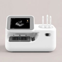 A minimal and integrated ultrasound machine design featuring a sleek body with soft, modern lines