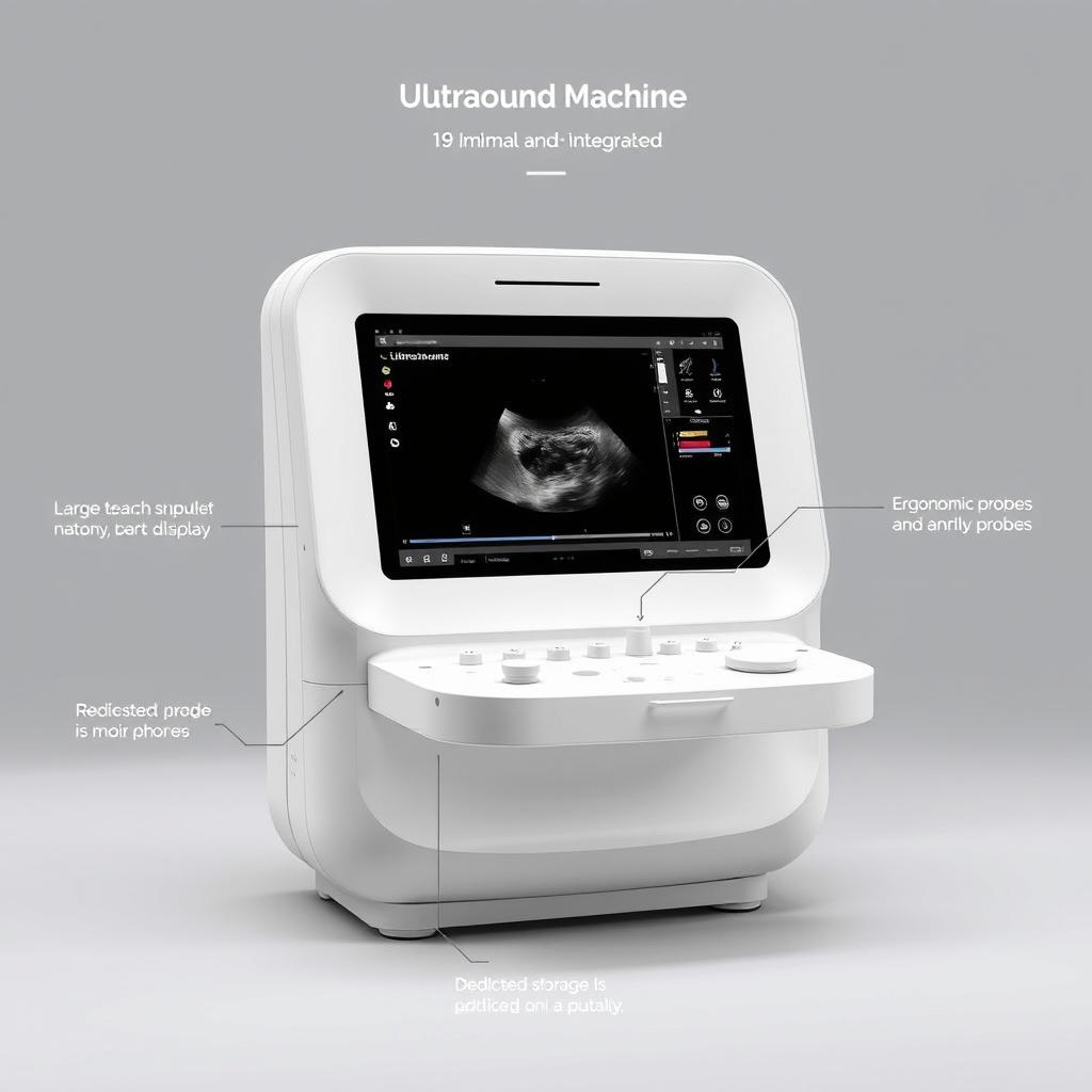 A minimal and integrated ultrasound machine design featuring a sleek body with soft, modern lines