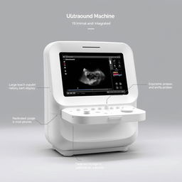 A minimal and integrated ultrasound machine design featuring a sleek body with soft, modern lines