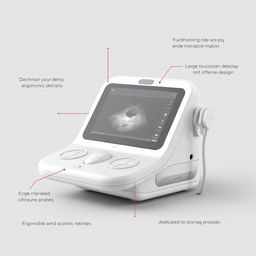 A minimal and integrated ultrasound machine design featuring a sleek body with soft, modern lines
