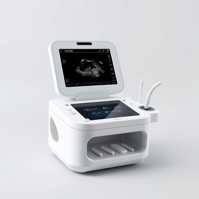 A minimal and integrated ultrasound machine design featuring a sleek body with soft, modern lines