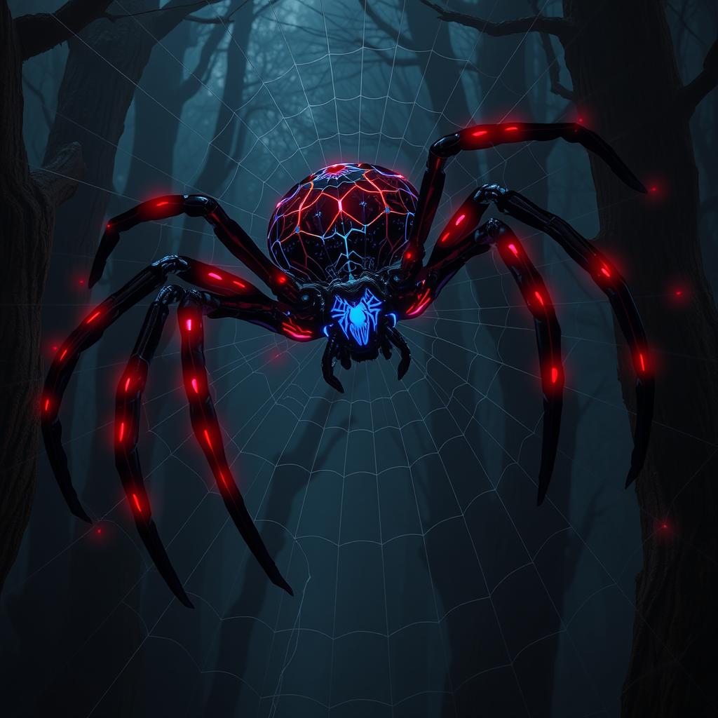 A large hybrid spider, featuring a robust body adorned with Spider-Man’s iconic webbed patterns and glowing red-and-blue full matching color markings, skillfully weaves a massive web in a dark, mystical forest