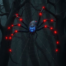 A large hybrid spider, featuring a robust body adorned with Spider-Man’s iconic webbed patterns and glowing red-and-blue full matching color markings, skillfully weaves a massive web in a dark, mystical forest