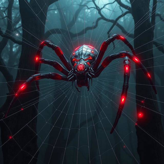 A large hybrid spider, featuring a robust body adorned with Spider-Man’s iconic webbed patterns and glowing red-and-blue full matching color markings, skillfully weaves a massive web in a dark, mystical forest