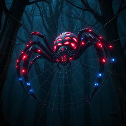 A large hybrid spider, featuring a robust body adorned with Spider-Man’s iconic webbed patterns and glowing red-and-blue full matching color markings, skillfully weaves a massive web in a dark, mystical forest