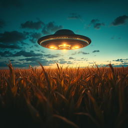 A dramatic and mysterious scene showcasing a UFO hovering above a vast cornfield under a twilight sky