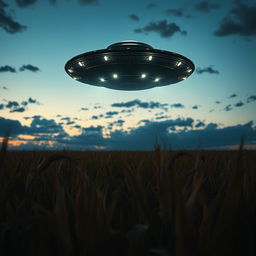 A dramatic and mysterious scene showcasing a UFO hovering above a vast cornfield under a twilight sky