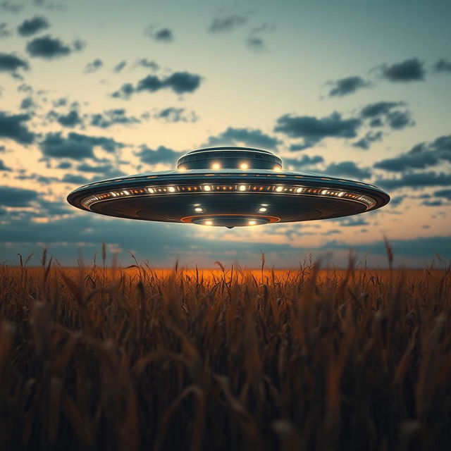 A dramatic and mysterious scene showcasing a UFO hovering above a vast cornfield under a twilight sky