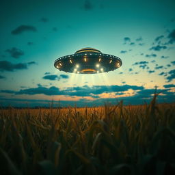 A dramatic and mysterious scene showcasing a UFO hovering above a vast cornfield under a twilight sky