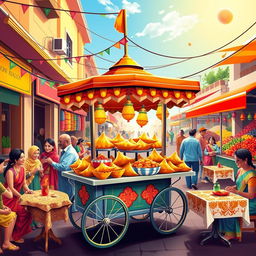 A vibrant and colorful wall wallpaper design featuring a samosa shop