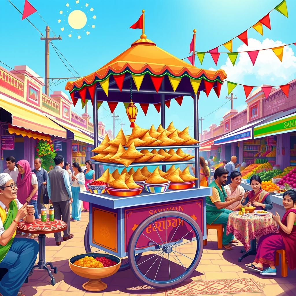 A vibrant and colorful wall wallpaper design featuring a samosa shop