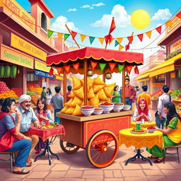 A vibrant and colorful wall wallpaper design featuring a samosa shop
