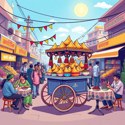 A vibrant and colorful wall wallpaper design featuring a samosa shop