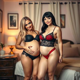 Two beautiful girls standing in a cozy, well-decorated bedroom, happily comparing each other's early baby bumps