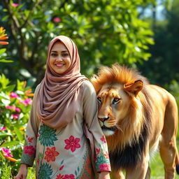 A beautiful woman wearing a hijab with her face clearly visible, walking confidently alongside a large lion in a lush, sunny environment