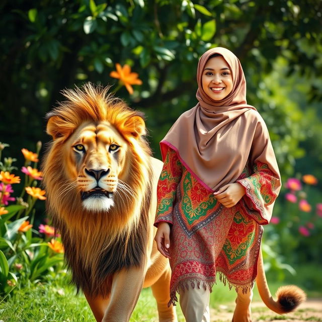 A beautiful woman wearing a hijab with her face clearly visible, walking confidently alongside a large lion in a lush, sunny environment