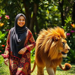 A beautiful woman wearing a hijab with her face clearly visible, walking confidently alongside a large lion in a lush, sunny environment