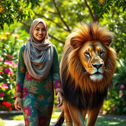 A beautiful woman wearing a hijab with her face clearly visible, walking confidently alongside a large lion in a lush, sunny environment