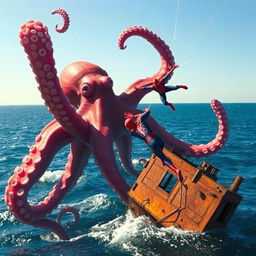 A gigantic octopus emerges dramatically from the ocean depths, its vibrant tentacles sprawling out in a dynamic display