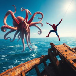 A gigantic octopus emerges dramatically from the ocean depths, its vibrant tentacles sprawling out in a dynamic display