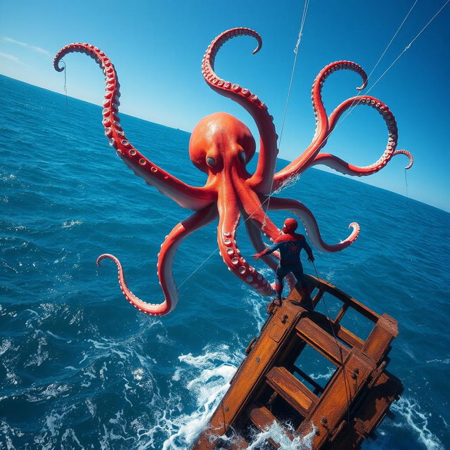 A gigantic octopus emerges dramatically from the ocean depths, its vibrant tentacles sprawling out in a dynamic display