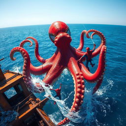 A gigantic octopus emerges dramatically from the ocean depths, its vibrant tentacles sprawling out in a dynamic display