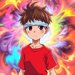 A young boy with brown hair and light skin, slim build, wearing a vibrant red shirt