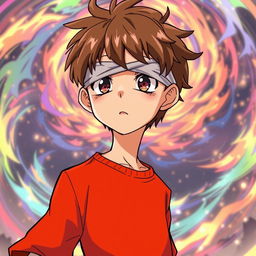 A young boy with brown hair and light skin, slim build, wearing a vibrant red shirt
