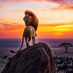 A majestic lion gracefully standing on a rocky cliff, overlooking a vast savannah during sunset