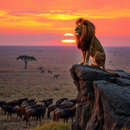 A majestic lion gracefully standing on a rocky cliff, overlooking a vast savannah during sunset