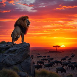 A majestic lion gracefully standing on a rocky cliff, overlooking a vast savannah during sunset
