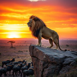 A majestic lion gracefully standing on a rocky cliff, overlooking a vast savannah during sunset