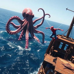 A gigantic octopus rises majestically from the ocean depths, its vibrant and colorful tentacles sprawling out majestically