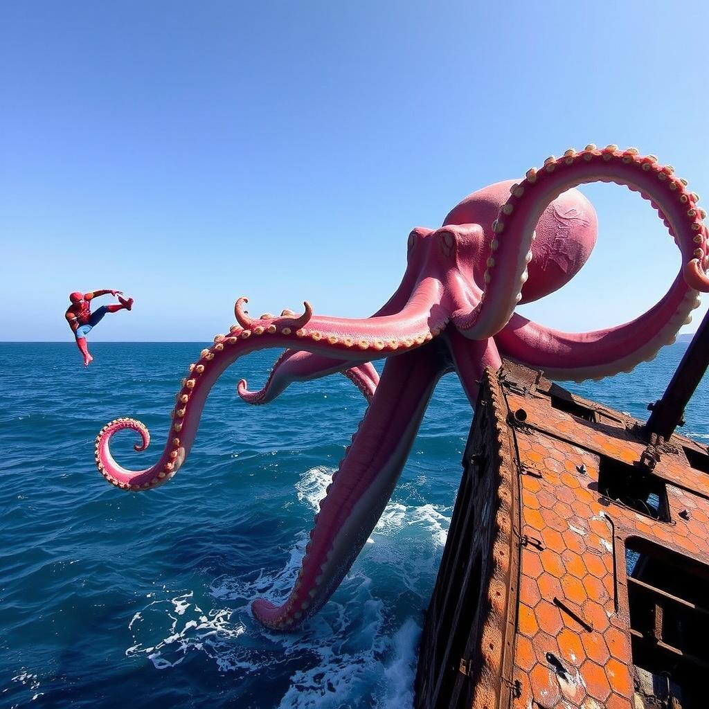 A gigantic octopus rises majestically from the ocean depths, its vibrant and colorful tentacles sprawling out majestically