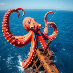 A gigantic octopus rises majestically from the ocean depths, its vibrant and colorful tentacles sprawling out majestically