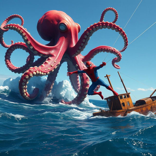 A gigantic octopus rises majestically from the ocean depths, its vibrant and colorful tentacles sprawling out majestically