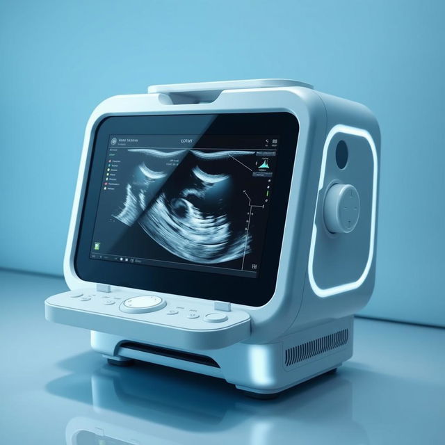 A sleek and modern ultrasound device designed with no knobs or buttons, featuring a fully touch-sensitive interface