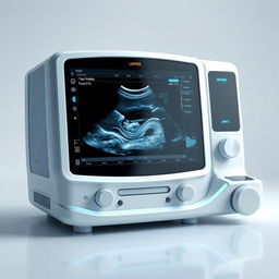 A sleek and modern ultrasound device designed with no knobs or buttons, featuring a fully touch-sensitive interface