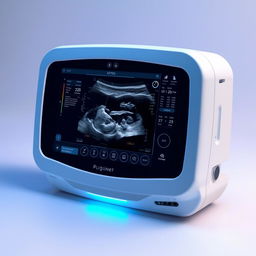 A sleek and modern ultrasound device designed with no knobs or buttons, featuring a fully touch-sensitive interface