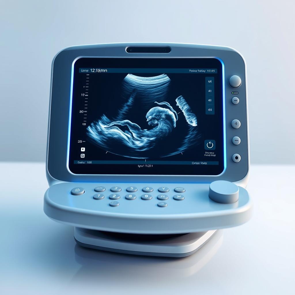 A sleek and modern ultrasound device designed with no knobs or buttons, featuring a fully touch-sensitive interface