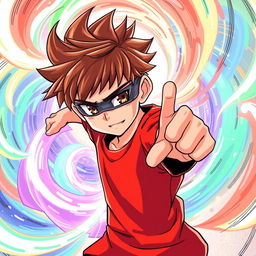 A young boy posing heroically with a confident stance, featuring brown hair and light skin, slim build, and wearing a striking red shirt