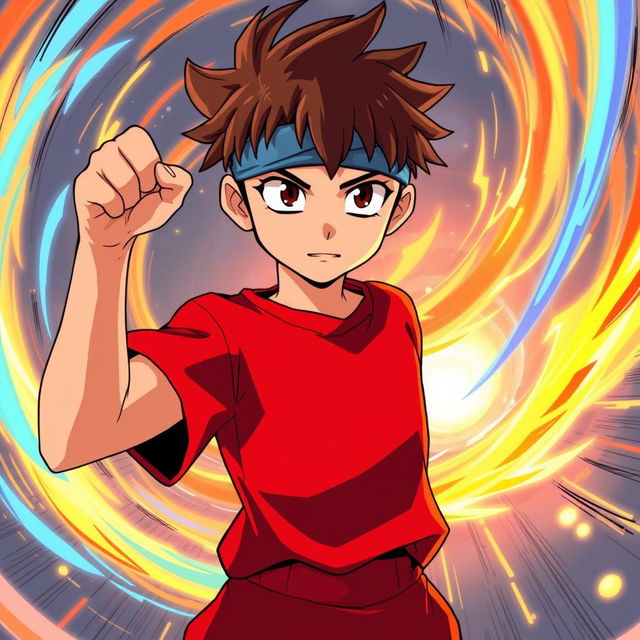 A young boy posing heroically with a confident stance, featuring brown hair and light skin, slim build, and wearing a striking red shirt