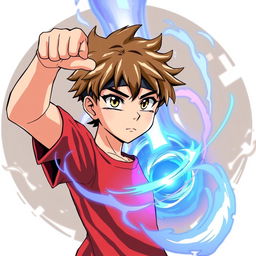 A young boy posing heroically with a confident stance, featuring brown hair and light skin, slim build, and wearing a striking red shirt
