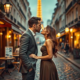 A romantic scene depicting a passionate French kiss between a couple in a beautiful Parisian setting