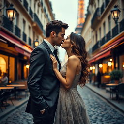 A romantic scene depicting a passionate French kiss between a couple in a beautiful Parisian setting