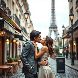 A romantic scene depicting a passionate French kiss between a couple in a beautiful Parisian setting