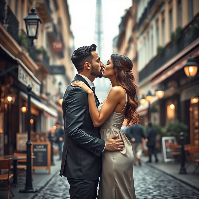 A romantic scene depicting a passionate French kiss between a couple in a beautiful Parisian setting