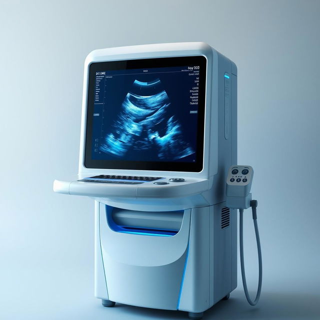 A large and tall ultrasound machine without buttons, featuring a big, clear display screen