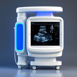 A large and tall ultrasound machine without buttons, featuring a big, clear display screen