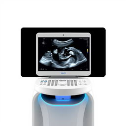 A large and tall ultrasound machine without buttons, featuring a big, clear display screen